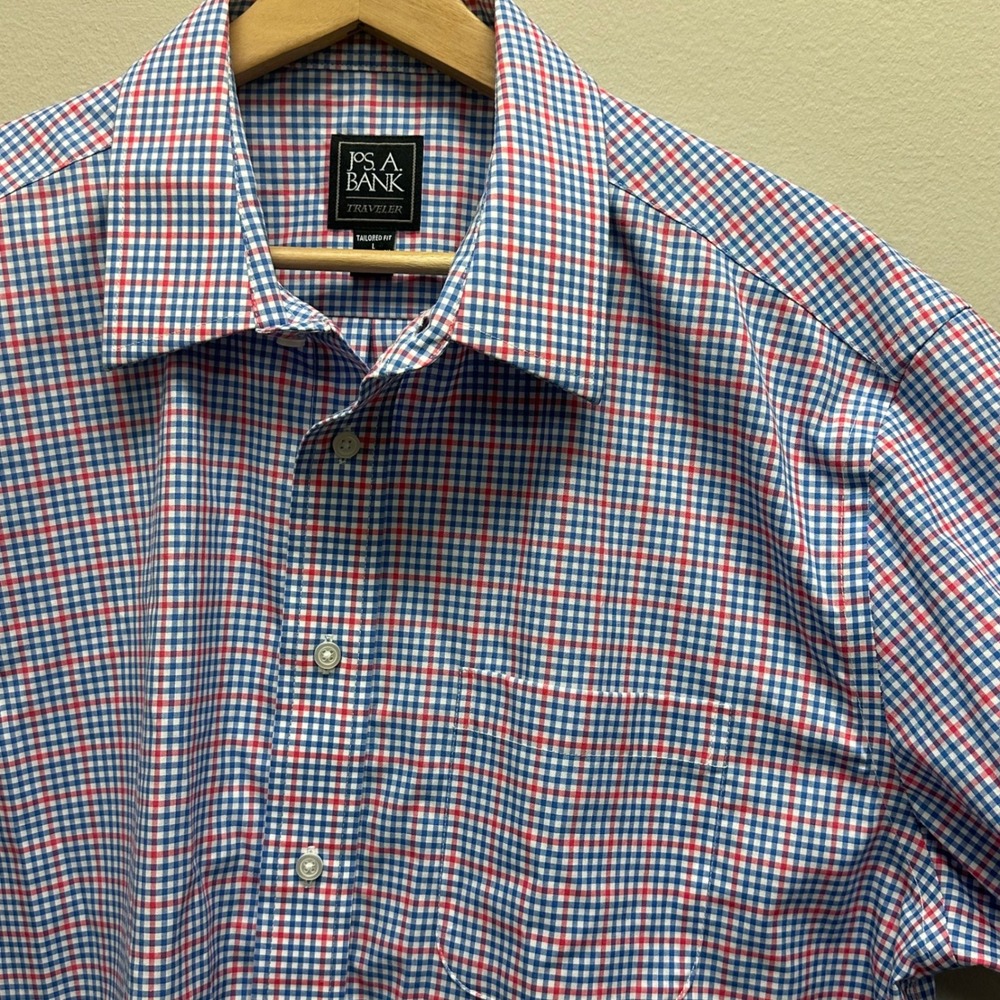 Jos A Bank Traveler Shirt Mens Large Tailored Fit Gingham Check Cotton Business - Picture 4 of 7